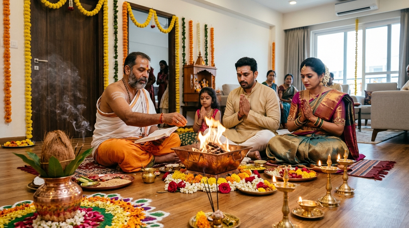 Authentic Vedic Griha Pravesh Puja ceremony in Bangalore with holy havan fire