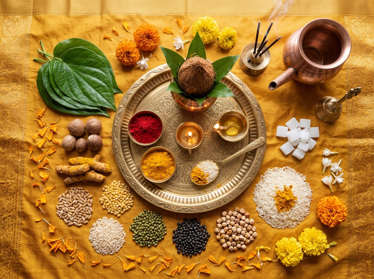 Complete puja samagri with brass thali and havan herbs